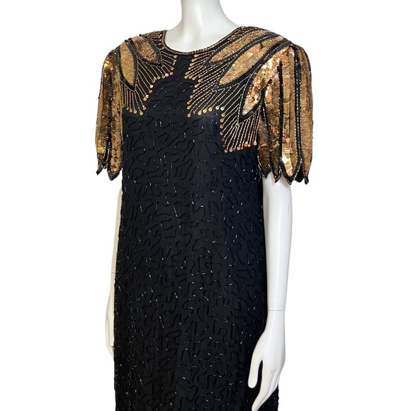 Vintage 80s 100% Silk Beaded Sequin Black Gold Cocktail Dress M/L Deco Flapper - Picture 8 of 15